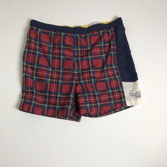 Vintage CHAPS RALPH LAUREN Navy Blue Red Plaid Swim Trunks LINED | Mens Sz M J49 - Picture 1 of 5